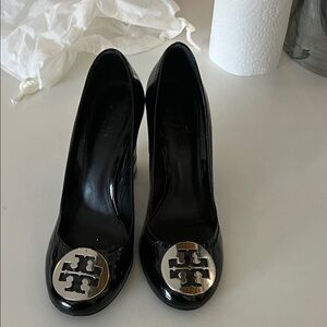Tory Burch Black Patent Heels with Silver Logo
